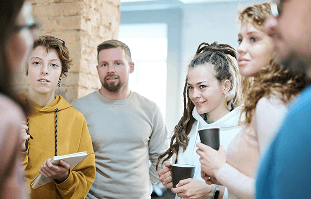 Team collaborating and having a discussion.